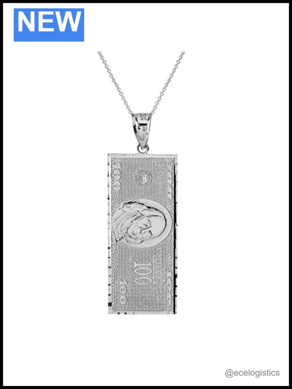 Sterling Silver 100 Dollar Bill Charm Pendant Necklace Rolo Chain
